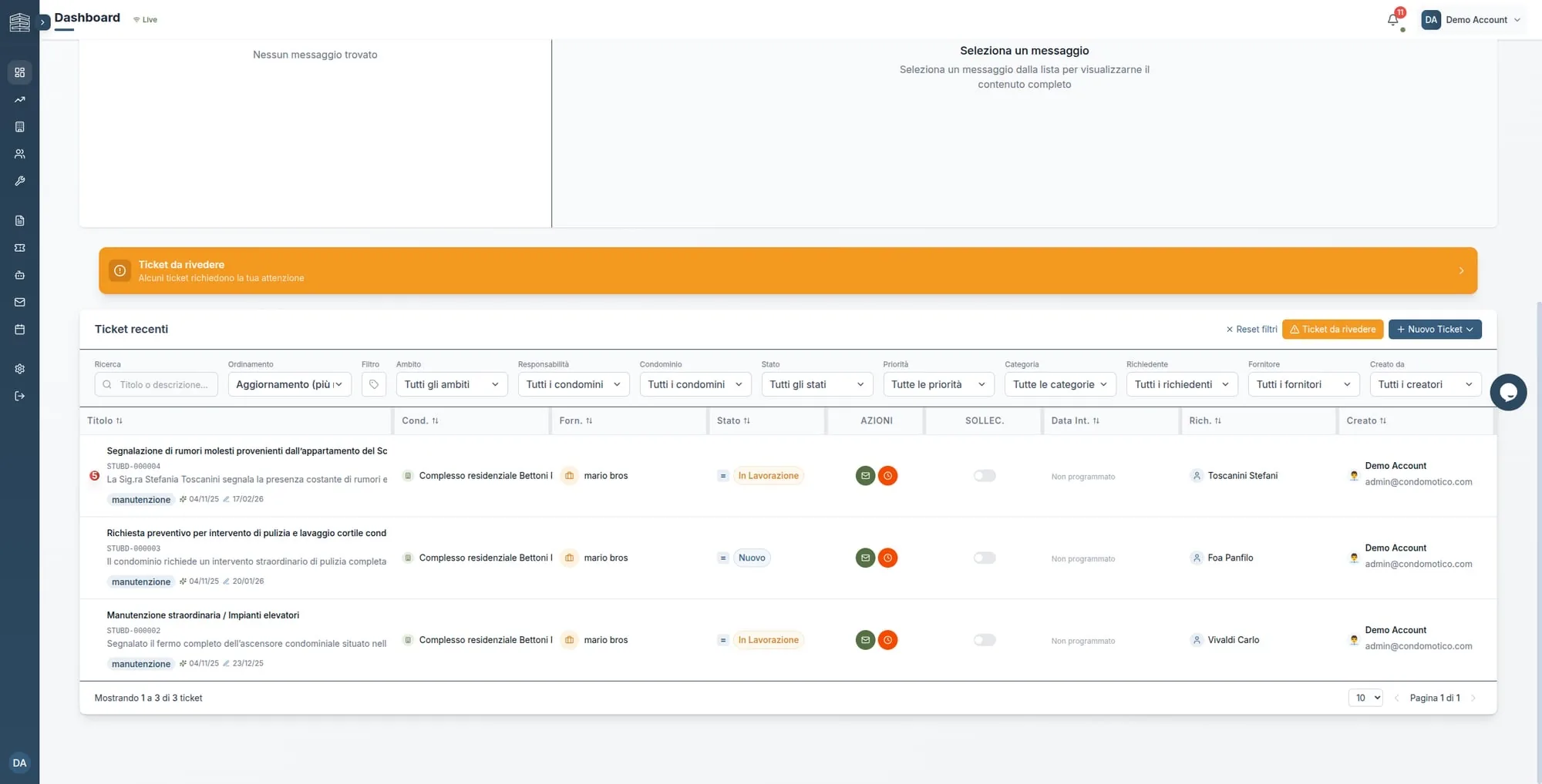 Dashboard Condomotico — KPI, inbox email, ticket recenti